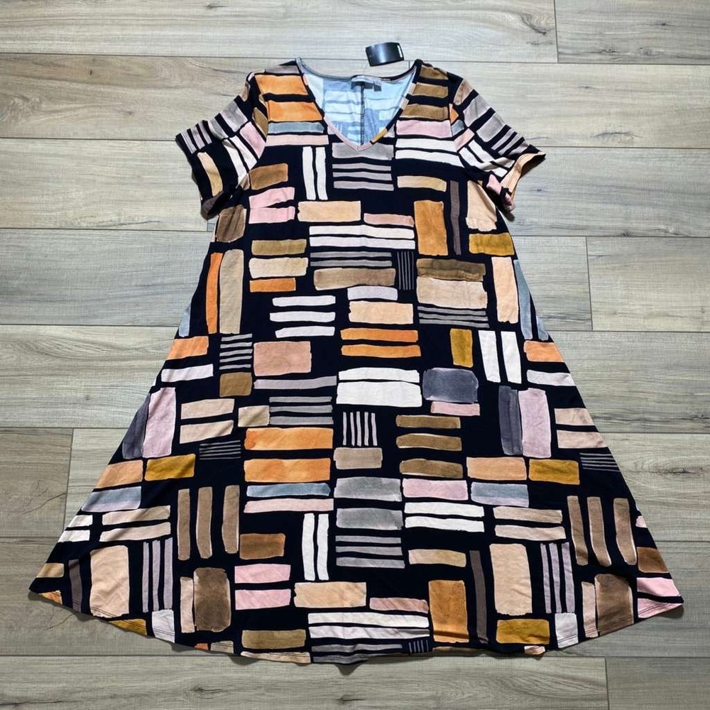 Avenue Womens Geometric Print Short Sleeve Swing Dress Size Medium 16 Multicolor